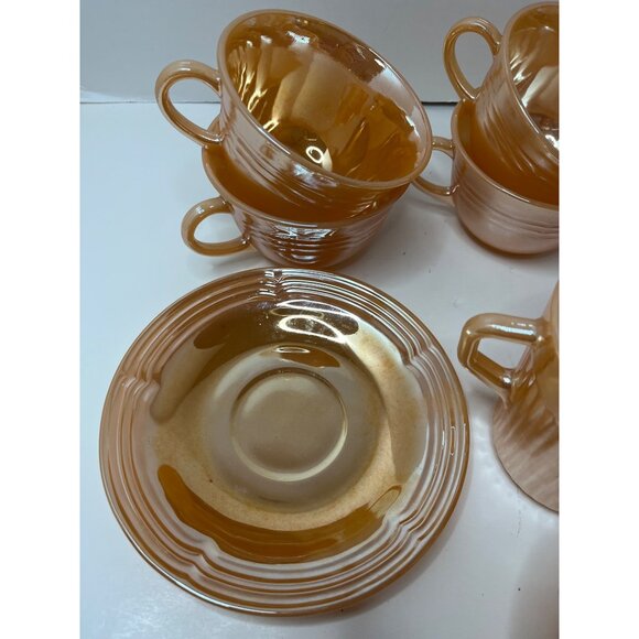 Fire King Peach Luster 8 Cups, 2 Saucers, Creamer NOS - Picture 3 of 8